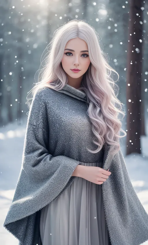 L'image montre une belle jeune femme aux longs cheveux blancs ondulants. Elle porte une cape grise avec une capuche et une longue robe grise. La femme se tient dans une forêt enneigée, et la neige tombe doucement autour d'elle. Elle a une expression sereine sur le visage, et ses yeux regardent directement le spectateur. L'image est très détaillée, et les cheveux et les vêtements de la femme sont rendus avec beaucoup de détails. L'arrière-plan est également très détaillé, et les arbres enneigés sont très réalistes.