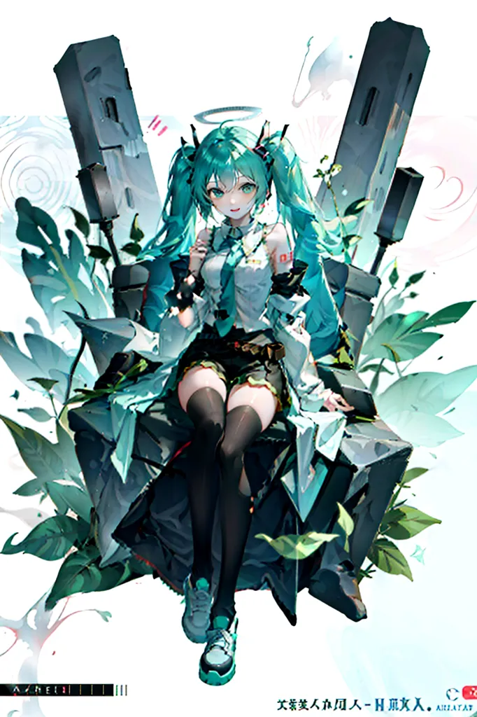 The image shows a green-haired anime girl sitting on a stone throne. She is wearing a white shirt, a green skirt, and black boots. She has a halo above her head and is holding a microphone in her right hand. There are several large speakers behind her and plants growing around her.