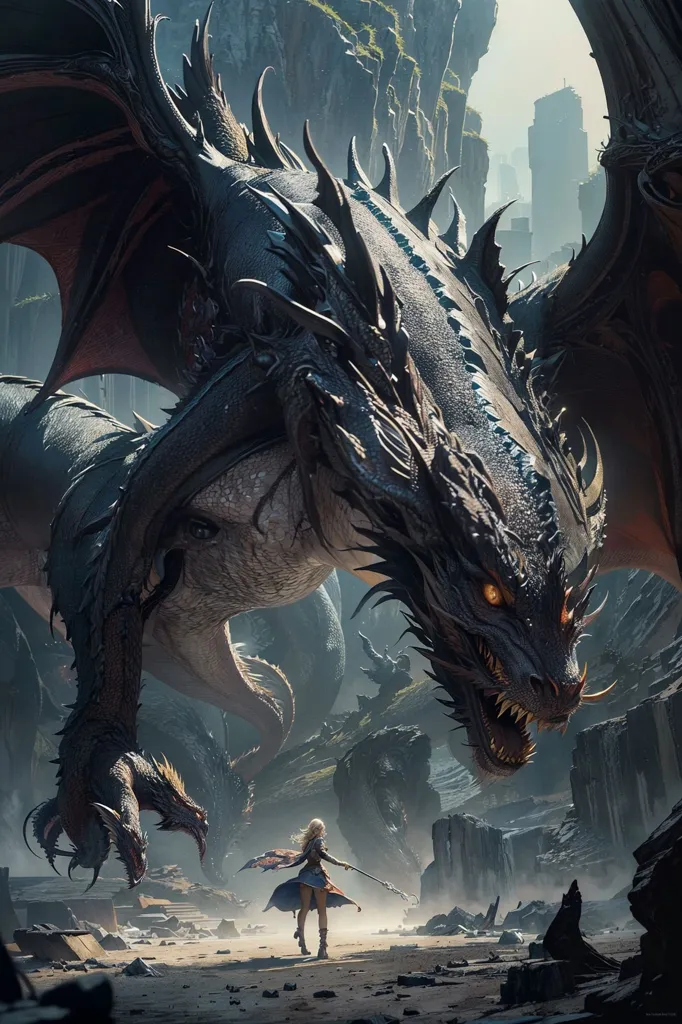 The image is a digital painting of a dragon. The dragon is black with grey and blue-green scales and has large, leathery wings. It is standing on a rocky cliffside, and there is a woman standing in front of it. The woman is wearing a white dress and has a sword in her hand. She looks up at the dragon with a determined expression. In the background, there is a large castle.