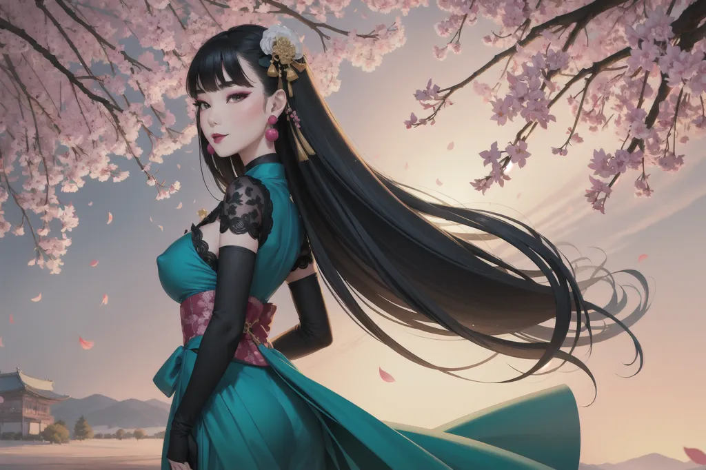 The picture shows a beautiful young woman with long black hair standing in a field of cherry blossoms. She is wearing a traditional Japanese kimono with a blue and white floral pattern. The kimono is tied with a red obi sash. Her hair is styled in a traditional Japanese bun with a white flower hairpin. She is also wearing traditional Japanese makeup with red eyeshadow and white foundation. The background of the picture is a blurred landscape of a Japanese village with a mountain in the distance. The cherry blossoms are in full bloom and are a beautiful shade of pink. The picture is very peaceful and seren