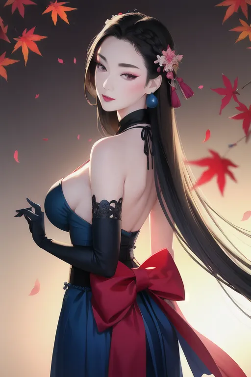 The picture shows a beautiful young woman with long black hair. She is wearing a blue dress with a red ribbon at the waist. The dress has a low neckline, showing off her cleavage. She is also wearing black gloves. The woman is standing in front of a dark background with red maple leaves falling around her.