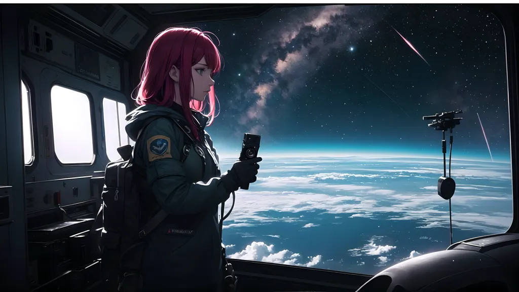 A girl with pink hair is standing in a spaceship. She is looking out of the window at the stars. She is wearing a green jacket and a backpack. She has a camera in her hand. There are clouds and a blue sky outside the window. There are also some stars and a meteor shower.