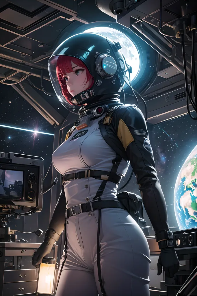 This is an image of a young girl in a spacesuit with a red visor. She is standing in a spaceship, looking out at a planet. There is a control panel with a screen and a lot of buttons next to her. The girl has short red hair and brown eyes. She is wearing a white spacesuit with black and yellow stripes on the arms and legs. The spacesuit has a clear bubble helmet with a black ring around it. There is a light on the left side of the helmet. The girl is standing with her left hand on her hip and her right hand holding a small device. There is a large window behind her showing a planet with a blue ocean and white clouds. There are also stars in the background.