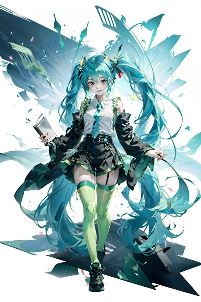 The image is an anime-style drawing of a young woman with long, flowing green hair. She is wearing a white shirt, a black skirt, and a green jacket. She is also wearing a pair of black boots and a pair of green socks. She is holding a book in her right hand. She has a confident smile on her face, and she is looking at the viewer. The background is white, with some blue and green accents.