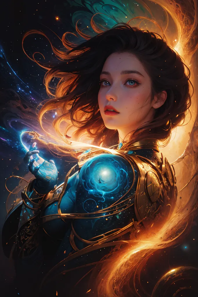 The image is of a beautiful young woman with long, flowing brown hair. She is wearing a blue and gold armor and has a glowing blue orb in her hand. She is standing in front of a swirling vortex of fire and stars. The background is dark and starry. The woman's eyes are blue and her skin is fair. She is wearing a necklace with a blue gem in the center. Her armor is decorated with gold trim and has a high collar. The orb in her hand is glowing brightly and seems to be the source of the fire and stars in the background. The woman is standing in a confident pose and seems to be ready for battle.