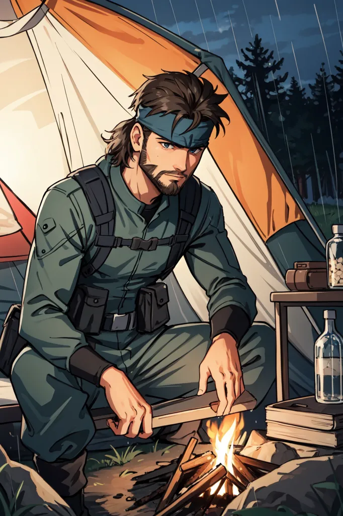 The image shows a man in a green military uniform with a blue bandana around his forehead. He is sitting on the ground in front of a campfire, next to a tent. The man has a small fire going and is holding a stick in his hands. He is looking at the fire and seems to be lost in thought. In the background, there are trees and it is raining.