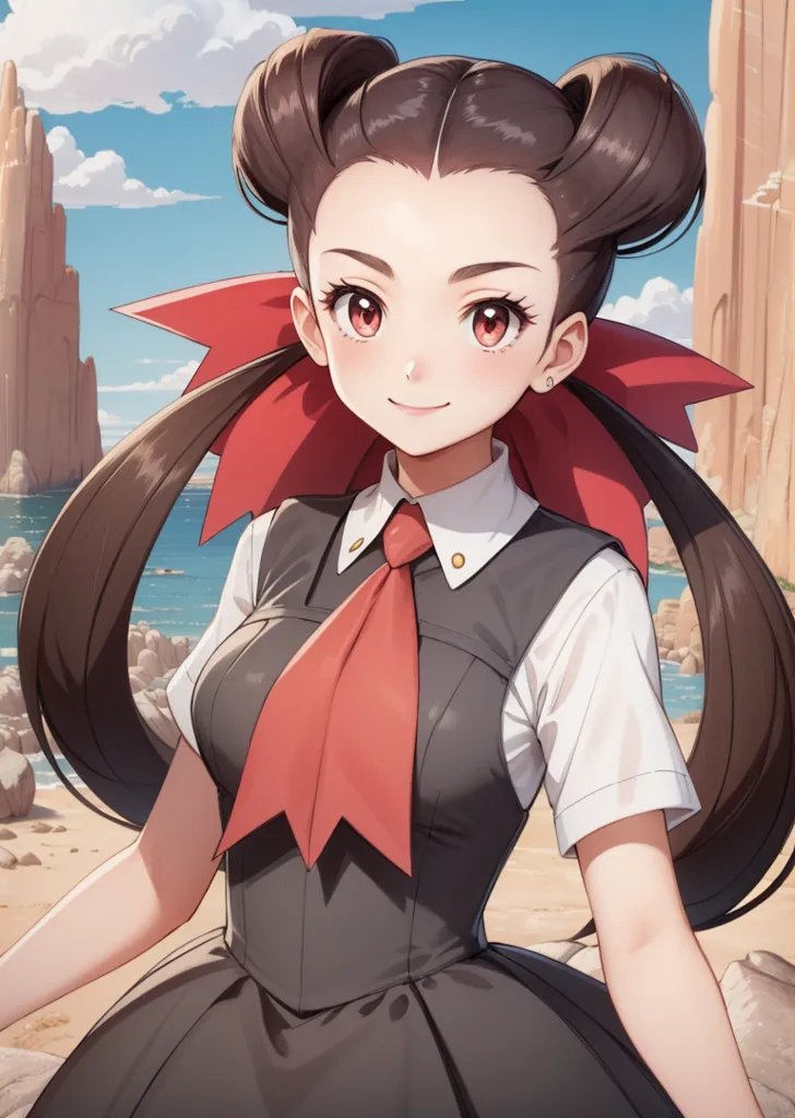 The image shows a young woman with brown hair tied in two buns. She is wearing a white shirt with a red ribbon and a black vest. She has a friendly smile on her face and is standing in a rocky area with large bodies of water and mountains in the background.