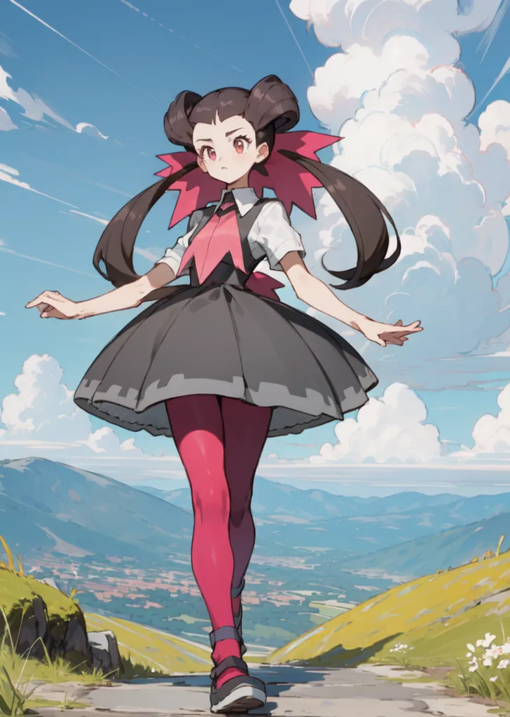 The image shows a young woman with long brown hair and red eyes. She is wearing a black dress with a white collar and red trim. She is also wearing red stockings and black shoes. She is standing in a field of grass with a mountain in the background.