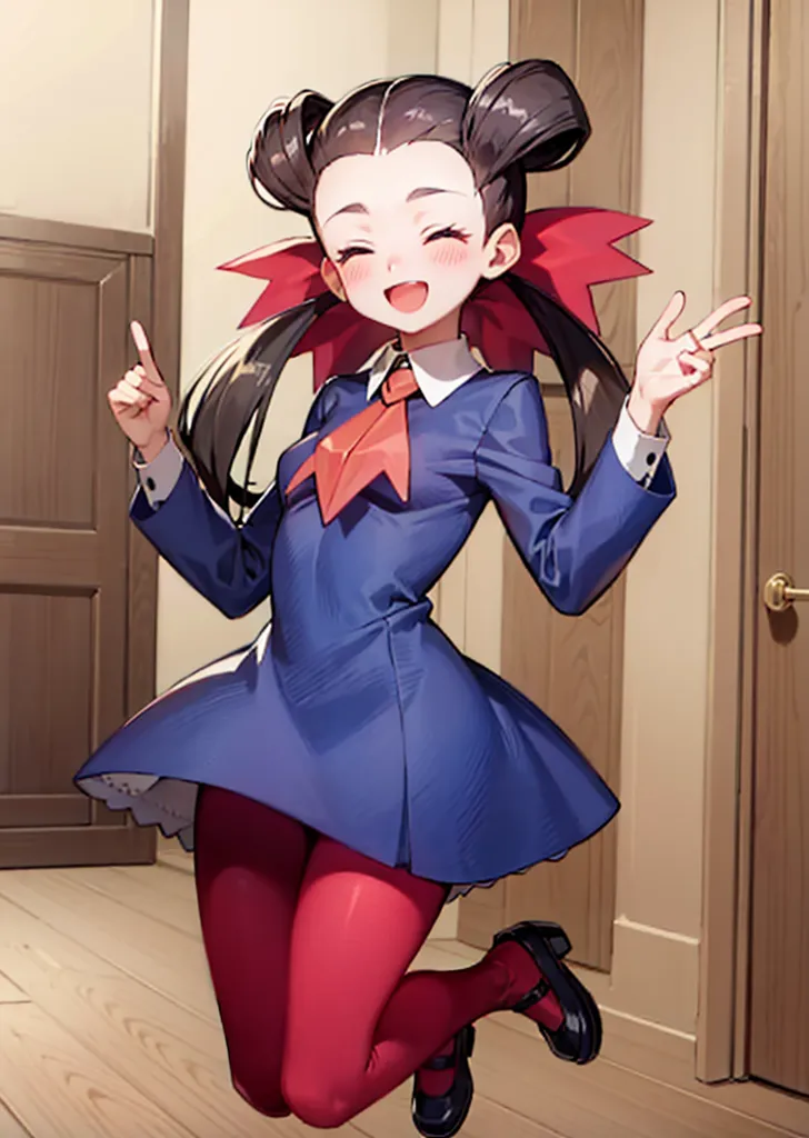 The image depicts a young girl with long black hair tied in twin tails with red ribbons. She is wearing a blue dress with a red tie and red stockings. She is also wearing brown shoes. She is standing in a hallway with a wooden floor and two doors. The girl is smiling and has her arms in the air. She is surrounded by a white background.