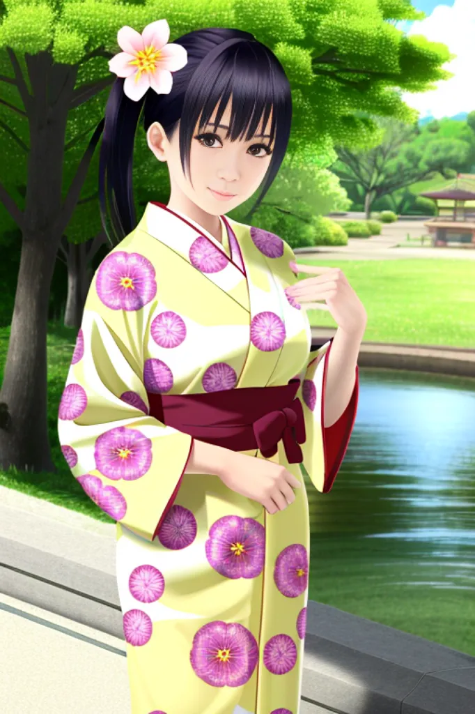 The image shows a young woman wearing a yellow kimono with a purple floral pattern. She has long black hair tied in a ponytail with a white flower hairpin. She is standing in a garden with a pond and a stone path. She is smiling and looking at the camera.