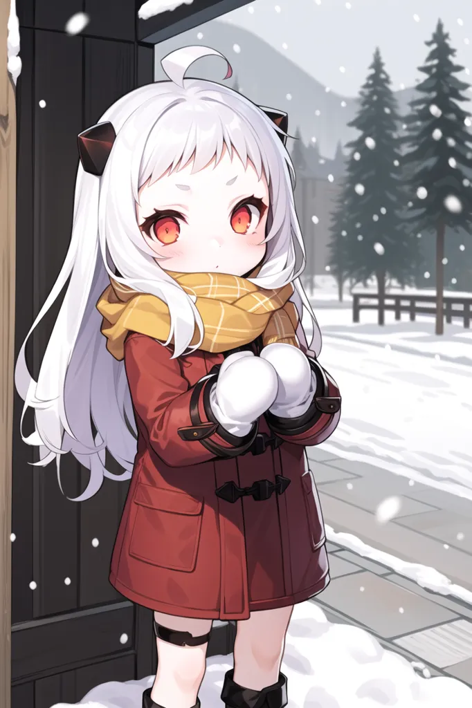 The image is of a chibi anime girl with white hair and red eyes. She is wearing a red coat and a yellow scarf. It's snowing outside and she is holding two snowballs.