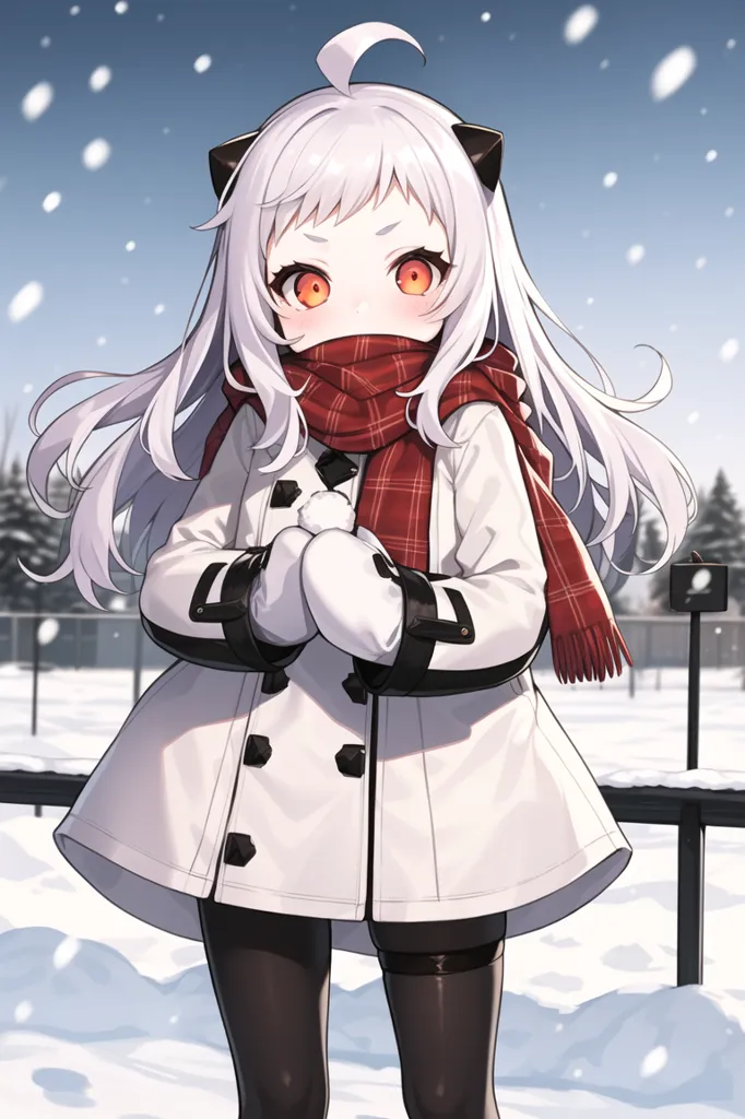 The image is of a young girl with long white hair and red eyes. She is wearing a white coat with a red scarf and black boots. The girl is standing in a snowy forest, and she is looking at the viewer with a curious expression on her face.