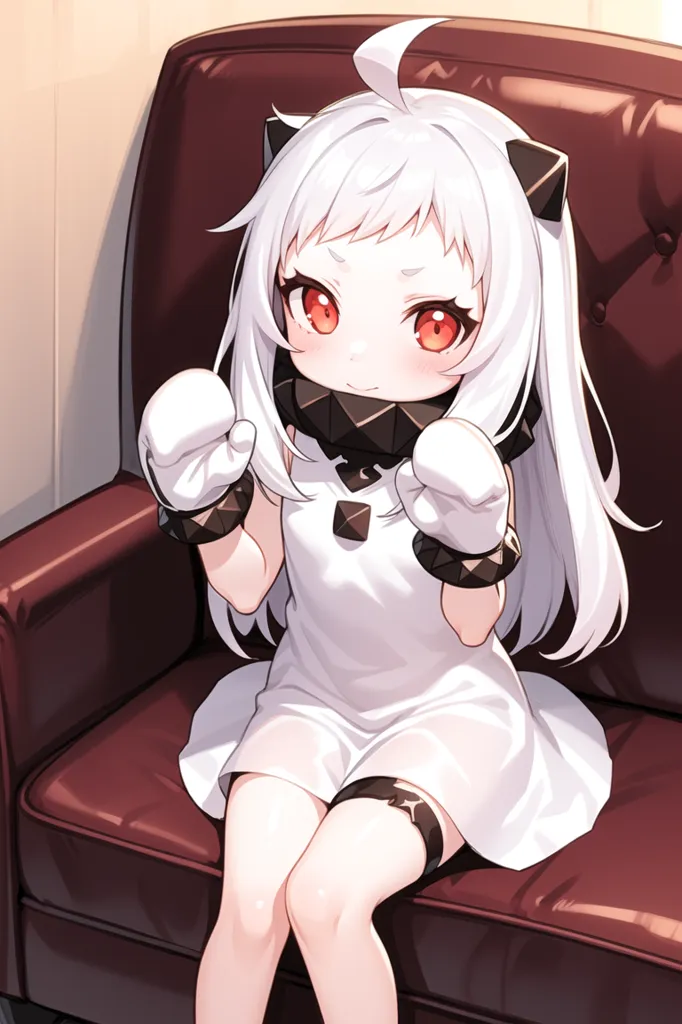 The image is of a young girl with white hair and red eyes. She is wearing a white dress with a black collar and black gloves. She is sitting on a red velvet chair. The girl has a serious expression on her face.