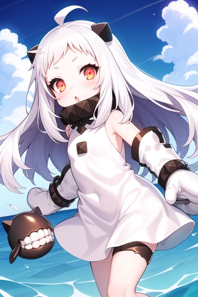 The image is a painting of a young girl with long white hair and orange eyes. She is wearing a white dress with a black collar and black gloves. She is standing on a beach, with the ocean behind her. She is smiling and has her arms outstretched. She has a black creature with a bomb-like body and sharp teeth next to her.