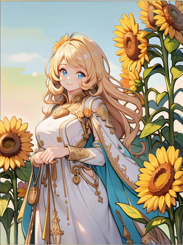 La imagen muestra a una hermosa chica de anime con cabello rubio largo y ondulado y ojos azules. Lleva un vestido blanco con detalles en dorado y azul, y hay girasoles a su alrededor. Los girasoles son brillantes y coloridos, y parecen estar en plena floración. La chica sonríe felizmente y parece disfrutar de la belleza de los girasoles. El fondo es un cielo azul despejado, y parece ser un día muy agradable. En general, la imagen es muy bonita y parece ser una escena muy feliz y pacífica.