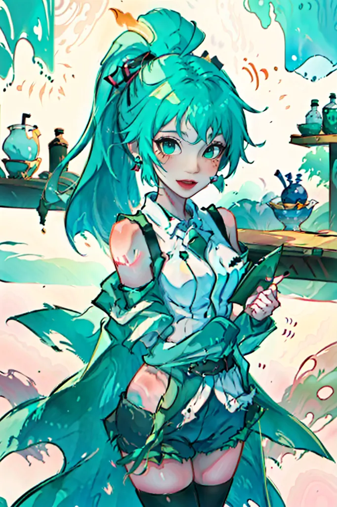 The image is a painting of a young woman with long green hair and green eyes. She is wearing a white shirt and a green jacket. She is standing in a room with shelves full of potions and other objects. The room is decorated with plants and flowers. The woman is holding a clipboard and writing something.