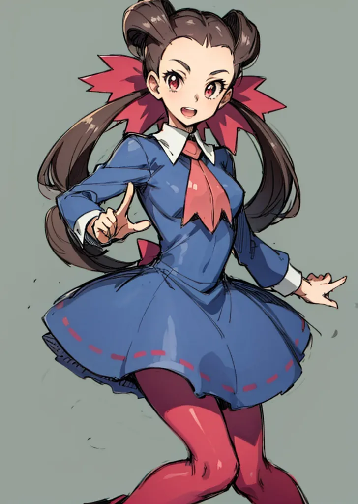 The image shows a young woman with brown hair and red eyes. She is wearing a blue dress with a white collar and red ribbon. She is also wearing red stockings and brown shoes. She has a confident smile on her face and is pointing with one finger.