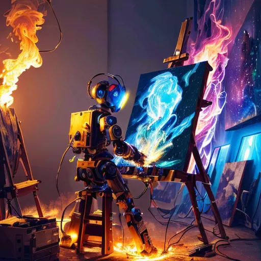 The image is of a robot artist painting on a canvas. The robot is sitting on a stool in front of the canvas, and is using a paintbrush in each hand. The robot is wearing a pair of headphones, and is surrounded by several electrical cords. The painting is of a lion, and is done in a realistic style. The background of the painting is a dark blue, and the lion is standing in a field of grass. The robot is painting the lion's mane, and is using a variety of colors, including yellow, orange, and brown. The painting is almost finished, and the robot is adding the final touches. The robot is very focused on its work, and is not paying attention to the viewer. The image is set in a dark room, and the only light comes from the painting and the robot's headphones. The image is very detailed, and the robot is very realistic. The painting is also very well done, and the lion is very lifelike. The image is a very interesting and unique take on the robot artist concept, and is sure to spark the viewer's imagination.