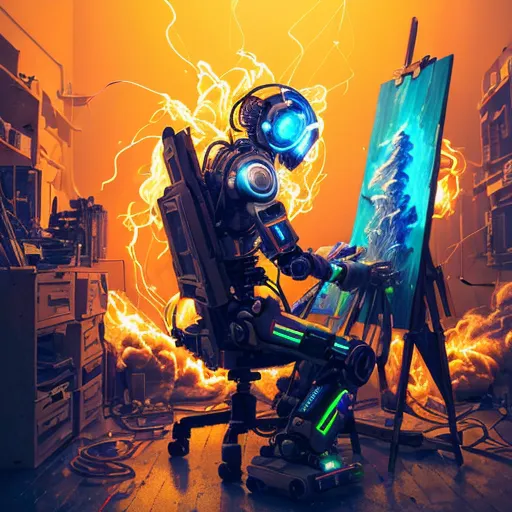 The image is of a robot sitting in a chair in front of an easel. The robot is painting on a canvas and is surrounded by flames. The robot is wearing a protective suit and a helmet. The painting is of a forest. The flames are coming from the fireplace behind the robot. The robot is using a brush to paint. The painting is almost finished. The robot is very focused on its work.