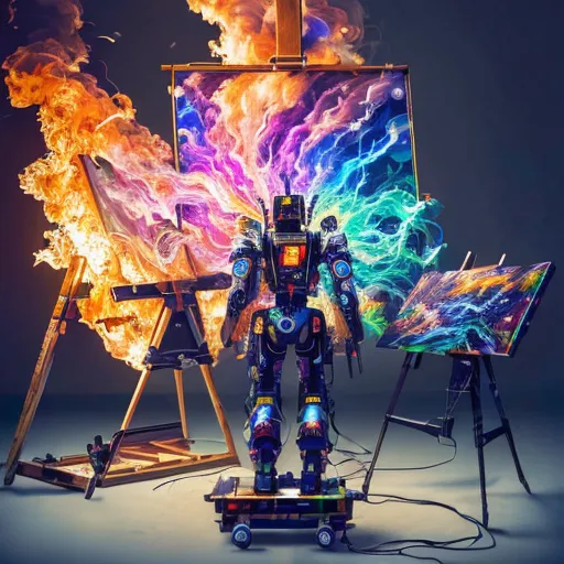 The image shows a robot in front of two easels. The robot is holding a paintbrush in its right hand and a palette in its left hand. The robot is looking at the canvas on the right easel. The canvas is on fire. The fire is orange and yellow. The background is dark.