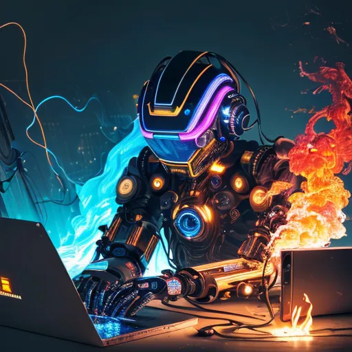 The image is a depiction of a robot sitting at a desk and working on a laptop. The robot is wearing a black helmet with a visor and has a glowing blue light on its chest. The desk is covered in computer parts and wires, and there is a fire on the right side of the desk. The background is a dark blue color, and there is a bright light coming from the laptop screen.