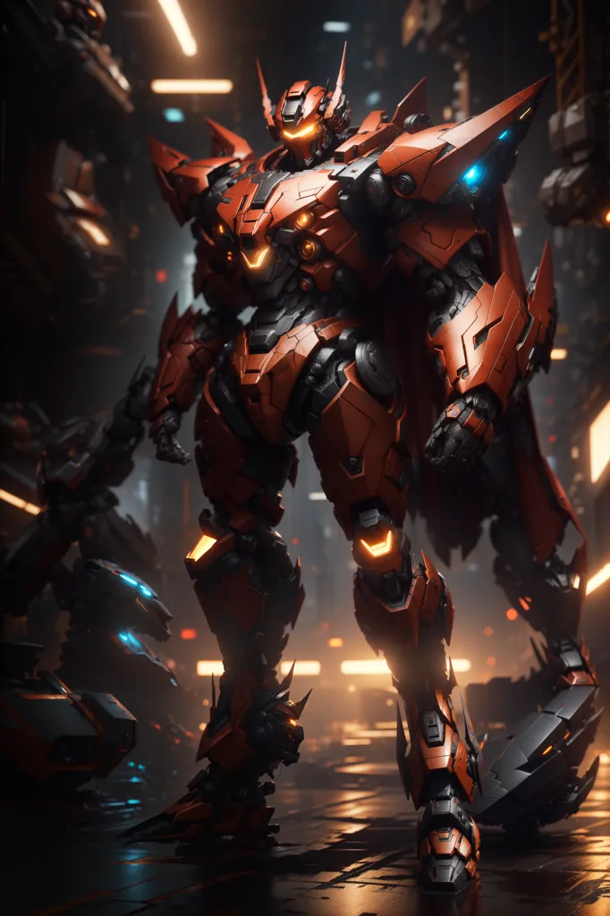 The image shows a large, red and black mech standing in a dark, futuristic setting. The mech is armed with a variety of weapons, including a large gun on its right arm and a smaller gun on its left arm. It also has a pair of wings on its back, which are folded up in this image. The mech is standing in front of a large, glowing door, which is likely the entrance to a building or another location. The image is full of detail, and the mech is very well-rendered. The lighting is also very well done, and it helps to create a sense of atmosphere. Overall, this is a very impressive image, and it is clear that a lot of thought and effort went into creating it.