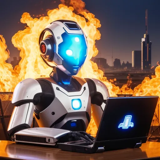 The image shows a robot sitting at a desk in a room that is on fire. The robot is wearing a white and gray suit and has a blue light on its head. It is looking at a laptop on the desk. The background of the image is a city. The image is very detailed and realistic.