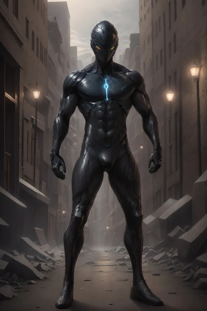 The image shows a tall, muscular man wearing a black and gray armored suit. The suit has a glowing blue light on the chest. The man is standing in a destroyed city. There are ruins of buildings and rubble all around him. The sky is dark and cloudy.