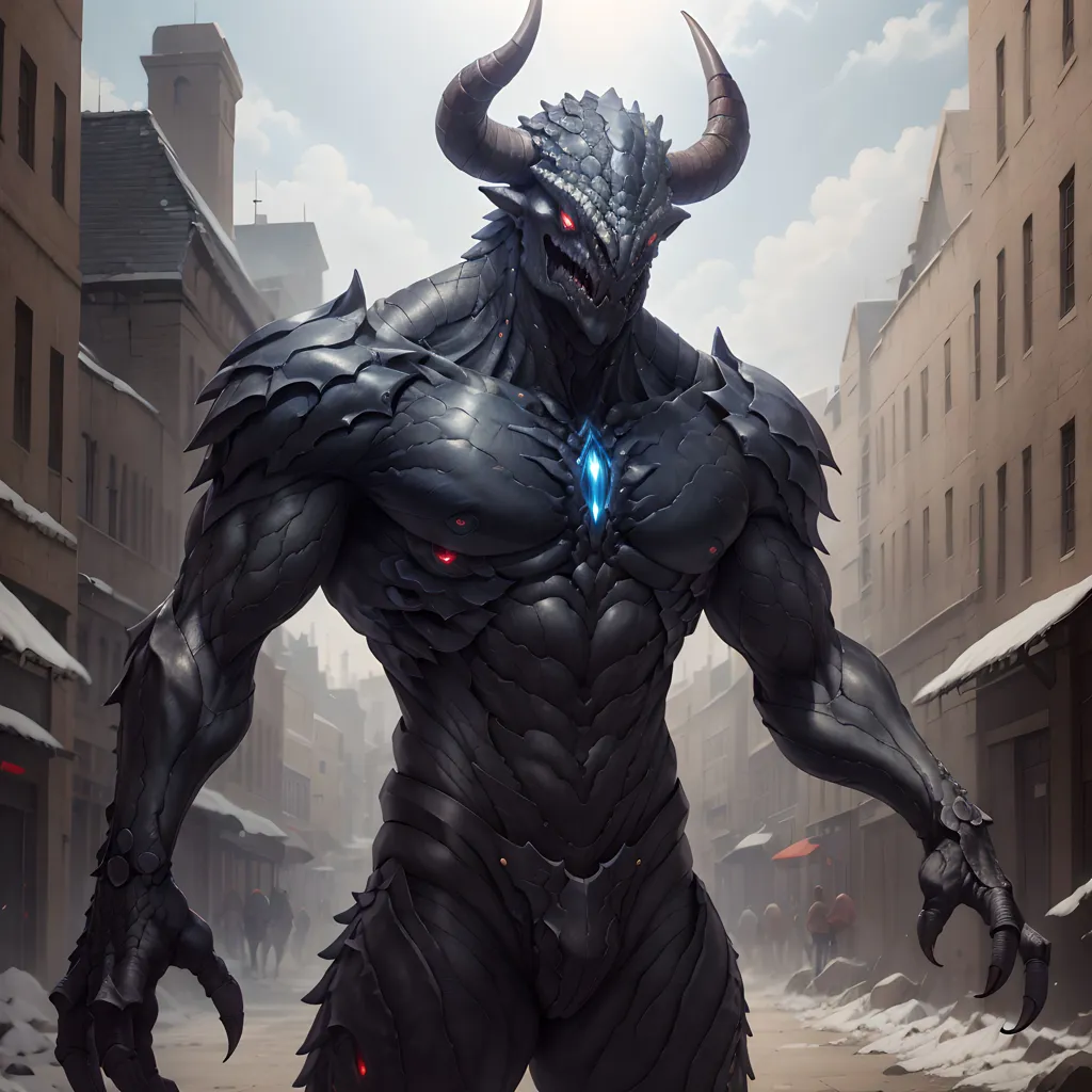 The image is of a muscular, black demon with horns standing in the middle of a snowy street. The demon is wearing black armor and has glowing red eyes. It has a large, glowing blue crystal embedded in its chest. The demon's hands are outstretched, and it looks like it is ready to attack. The background of the image is a ruined city, with buildings in disrepair and snow on the ground.