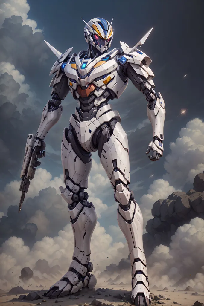 The image shows a mecha, which is a large, bipedal robot. It is white and gray with blue and red accents. It has a large gun in its right hand and is standing in a rocky field. There are clouds and mountains in the background.