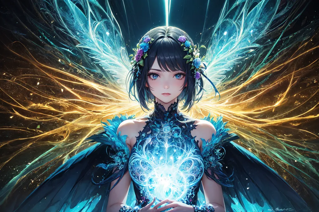 The image is a painting of a beautiful anime girl with long black hair and blue eyes. She is wearing a black and blue dress with a white collar. She has a flower crown on her head and is surrounded by blue and gold glowing particles. She is also holding a glowing blue orb in her hands. The background is a dark blue with a bright light in the center.