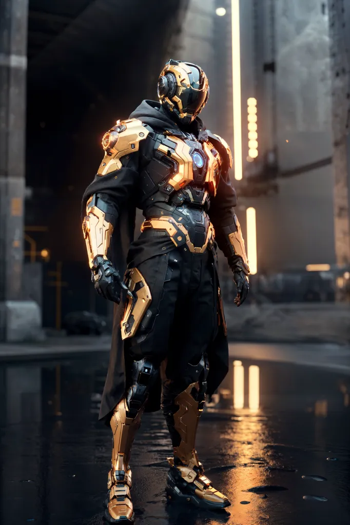 The image shows a man wearing a black and gold futuristic armor suit. The suit has a helmet with a visor, and the man's face is not visible. The suit is made of metal and has a variety of gadgets and weapons attached to it. The man is standing in a dark and rainy environment. There are several lights in the background, which are reflecting off the water on the ground.