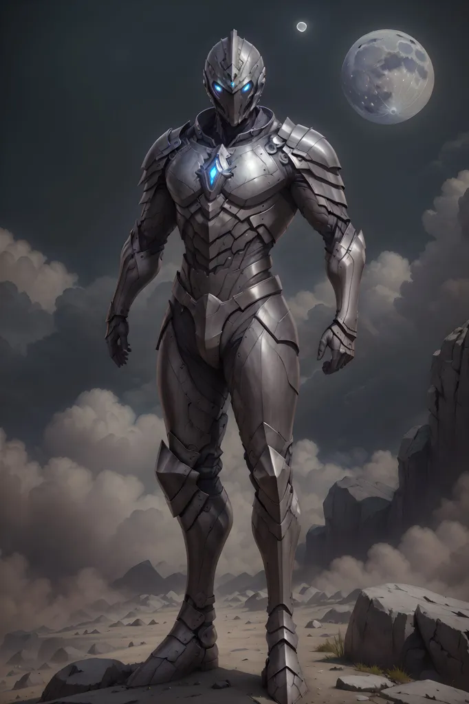 The image shows a tall, muscular man standing on a rocky hilltop. He is wearing a suit of silver armor that covers his entire body, including his head. The armor has a futuristic design, with glowing blue lights on the chest and shoulders. The man's face is not visible, but his eyes are glowing blue. There is a large moon in the background.