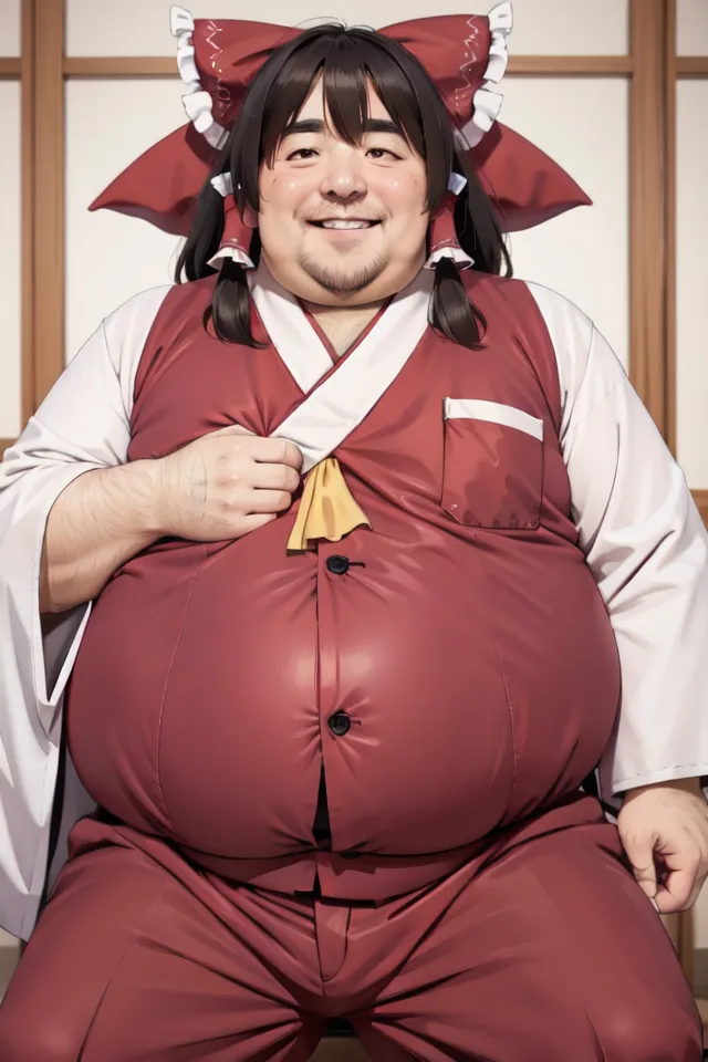 The image is a photo of a cosplayer dressed as the character Reimu Hakurei from the Touhou Project series. The cosplayer is wearing a red and white outfit with a large red bow in their hair. They are sitting in a chair and smiling at the camera. The image is taken from a low angle, making the cosplayer appear larger than life.