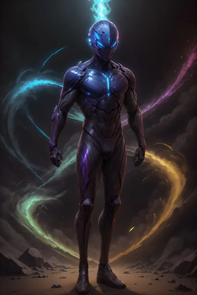 This is an image of a superhero. He is wearing a black and blue suit of armor. The suit has a glowing blue light on the chest. He is also wearing a helmet with a blue visor. He is standing in a dark place. There are some colorful lights in the background. He looks like he is ready to fight.