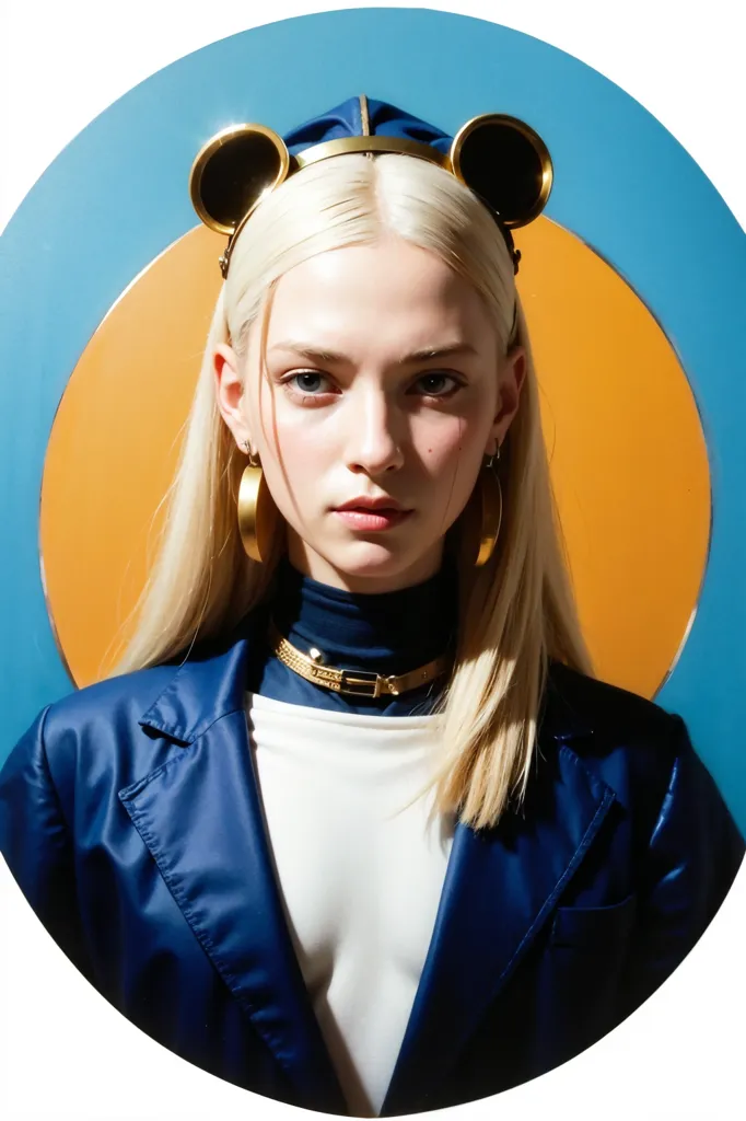 The image is a portrait of a young woman with long blonde hair. She is wearing a blue suit jacket and a white turtleneck blouse. She has a gold necklace and gold earrings. There is a gold headband on her head with two large circles over her ears. The background is a blue circle with an orange circle in the center. The woman's expression is serious and thoughtful.