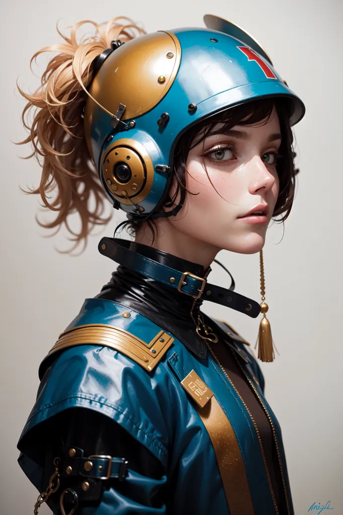 This is an image of a young woman, she has light brown hair tied in a ponytail. She is wearing a blue and gold helmet with a visor. The helmet has a number 1 on it. She is also wearing a blue and gold jacket. The jacket has a black collar and gold buttons. She has a small brown bag hanging from her neck. She is looking to the right of the frame.