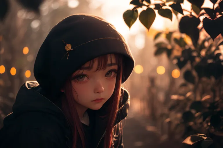 The image is a portrait of a young girl with brown hair and brown eyes. She is wearing a black hoodie with a yellow pin on it. The girl is standing in front of a blurred background of green leaves. The light is shining through the leaves and creating a warm, dappled effect. The girl's expression is serious and thoughtful. She seems to be lost in thought, contemplating something important.