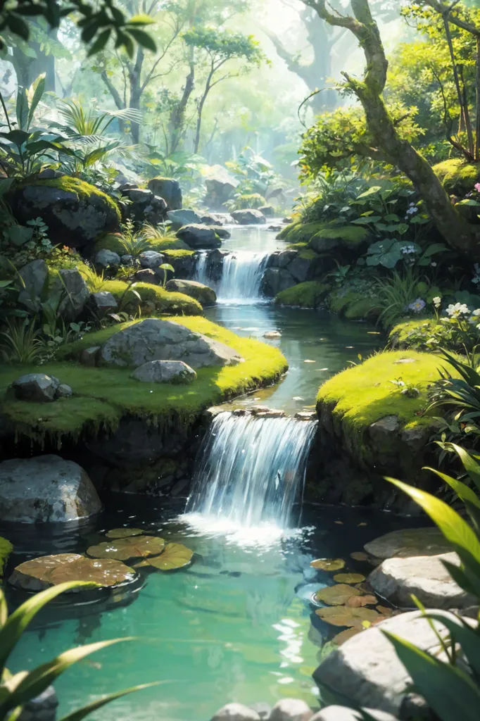 The image is a beautiful landscape of a forest with a river running through it. The water is crystal clear and emerald green. The banks of the river are covered in lush green moss and plants. The trees are tall and majestic, and their branches are covered in leaves. The sunlight is shining through the trees, creating a dappled pattern on the ground. The overall effect is one of peace and tranquility.