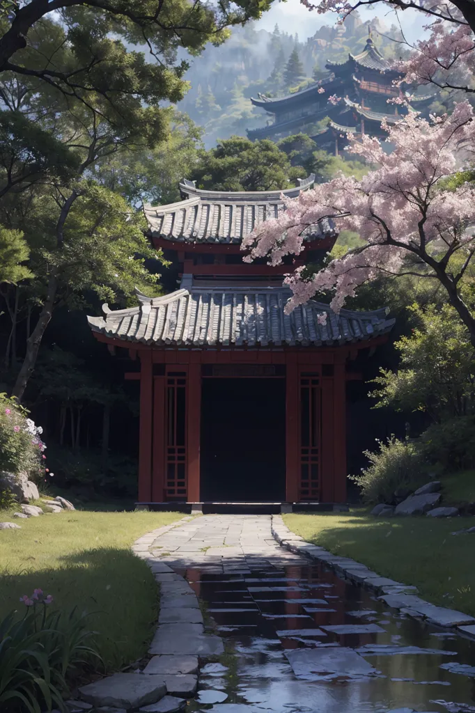 The image is a beautiful Chinese garden. There is a long stone path that leads through the garden, and there are trees and flowers on either side of the path. The trees are tall and lush, and the flowers are colorful and vibrant. There is a small pond in the background, and there are some rocks and stones in the foreground. The garden is very peaceful and serene, and it is a perfect place to relax and enjoy the beauty of nature.