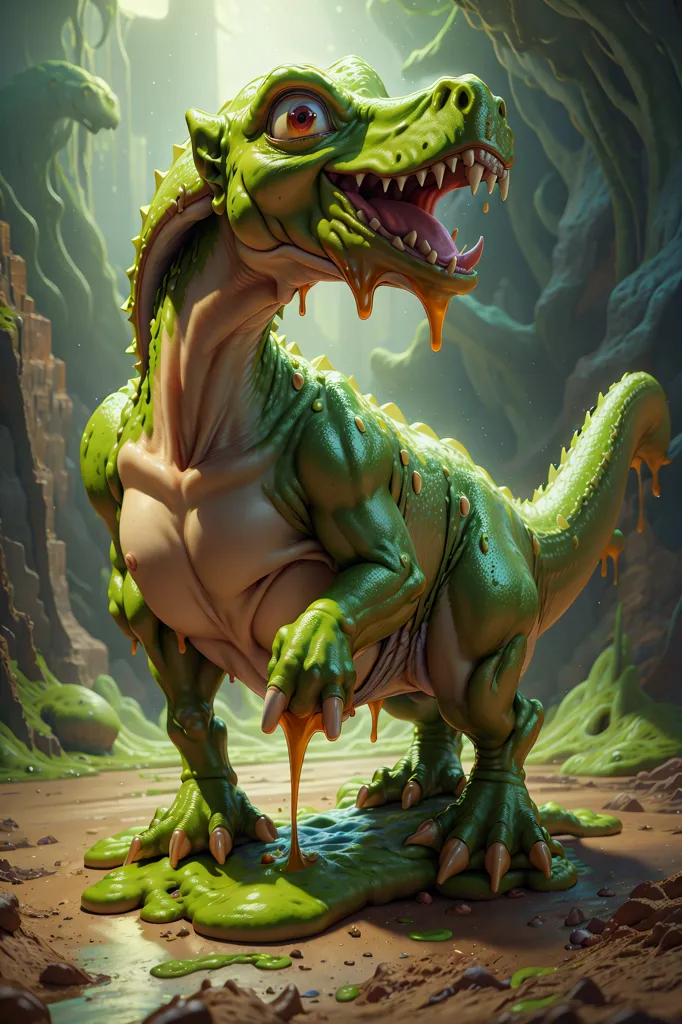 The image is a 3D rendering of a green dinosaur-like creature. It has a muscular build, with a large head and a long tail. Its skin is covered in a thick layer of slime, which is dripping off its body. The creature is standing in a rocky environment, and there are several large rocks in the background. The creature's mouth is open, and it has a large, sharp tooth. Its eyes are wide and staring, and they are filled with rage. The creature is clearly very dangerous, and it is likely that it is about to attack.