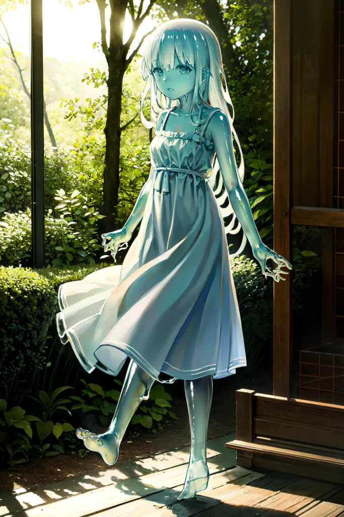 The image is a painting of a girl with long, flowing white hair. She is wearing a white dress and is standing in a lush, green garden. The girl's feet are transparent, and she appears to be made of water. The painting is done in a realistic style, and the girl's expression is one of peace and serenity.