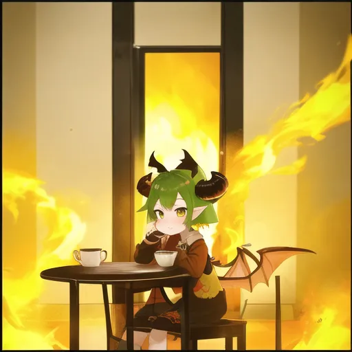 L'image montre une petite fille dragon verte assise à une table et buvant du thé. Elle porte un pull marron et a ses cheveux verts attachés en queue de cheval. La pièce est en feu, mais elle ne semble pas s'en soucier.