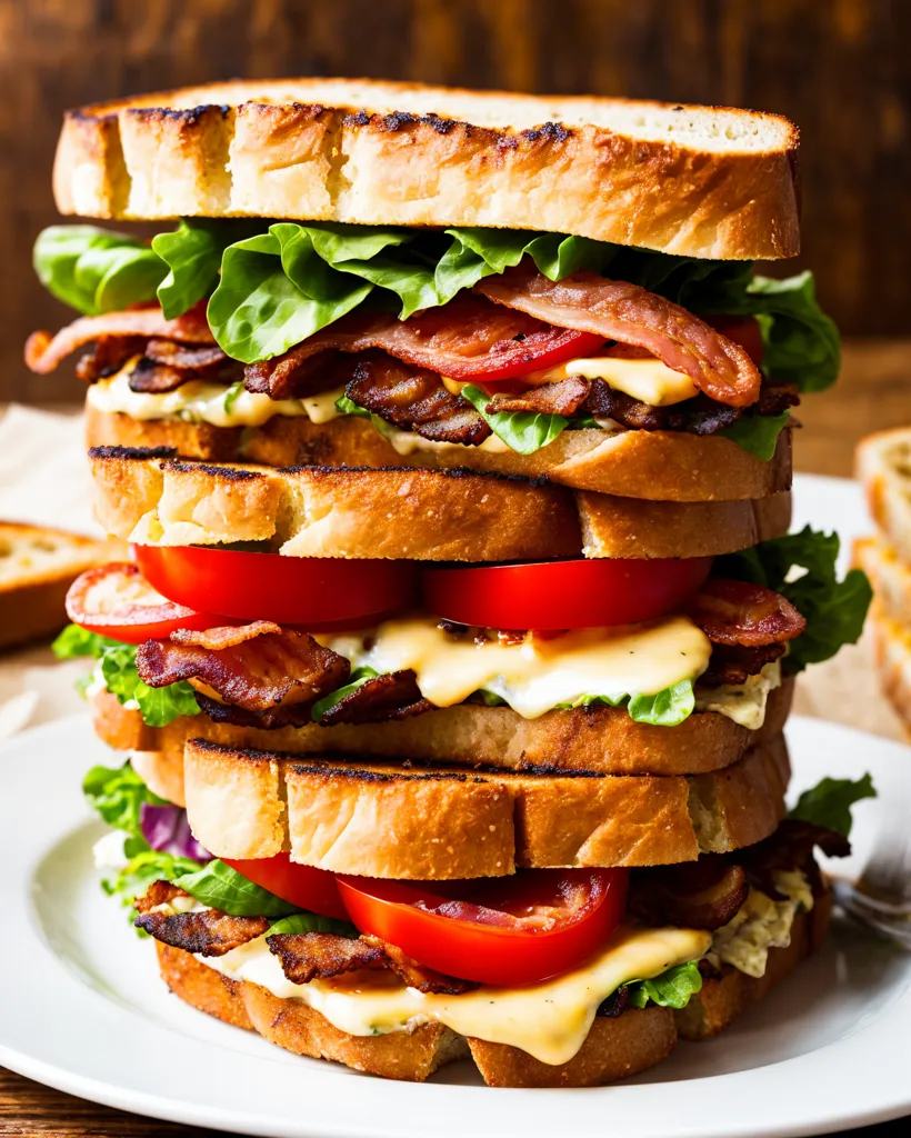 Esta é uma imagem de um sanduíche muito alto. Ele tem quatro camadas de pão, com bacon, alface, tomate e queijo entre cada camada. O pão está torrado e o sanduíche está cortado ao meio. As metades estão empilhadas uma sobre a outra.