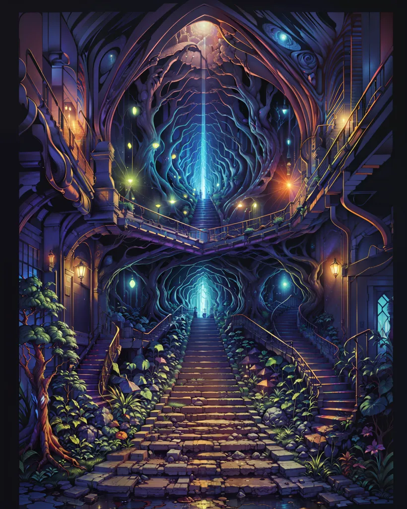 The image is a digital painting of a staircase in a magical forest. The staircase is made of stone and is surrounded by lush vegetation. The walls of the staircase are made of stone and are covered in vines and flowers. The ceiling of the staircase is made of glass and lets in a soft, blue light. The staircase leads up to a large door that is made of wood and has a glowing blue symbol on it.