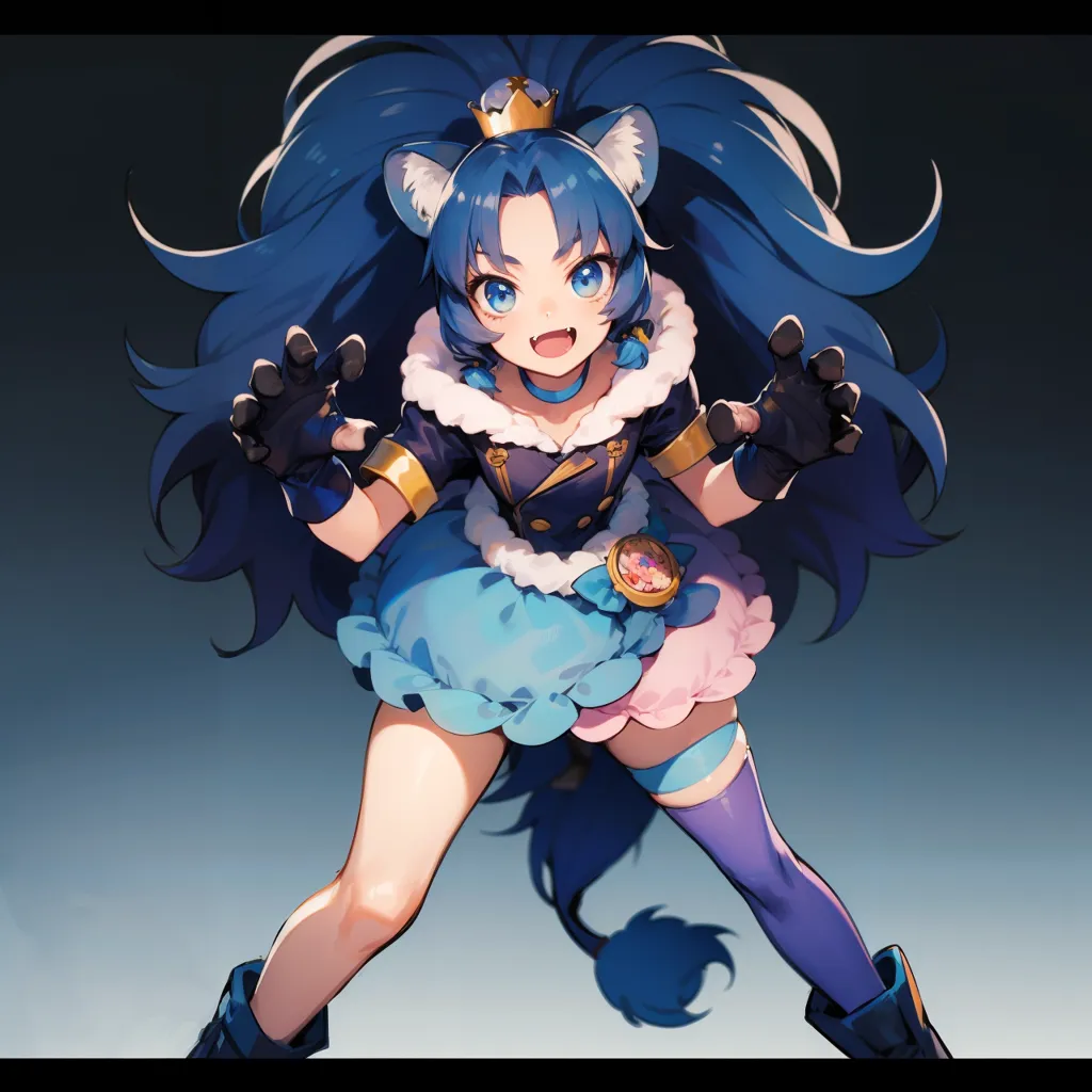 L'image représente une fille d'anime aux cheveux bleus avec des oreilles et une queue de chat. Elle porte une tenue bleue et blanche avec un nœud rose, et elle a une couronne sur la tête. Elle est dans une posture de combat, les mains tendues et les griffes sorties. Ses yeux sont écarquillés et sa bouche est ouverte dans une expression déterminée. L'arrière-plan est de couleur bleu foncé.