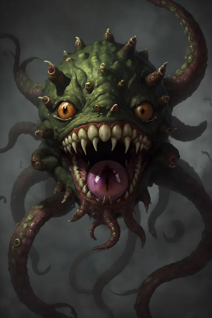 The image shows a large, green monster with a gaping mouth full of sharp teeth. The monster has several eyes on its head and tentacles protruding from its back and mouth. The monster is surrounded by a dark background with several tentacles extending beyond the frame of the image.