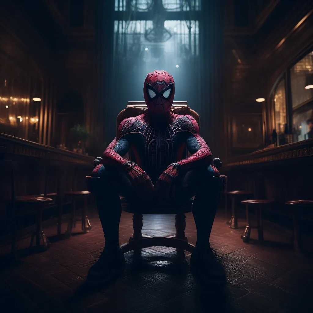 The image is of Spider-Man sitting in a chair in a dark room. He is wearing his classic red and blue suit with the addition of a black vest. The room is lit by a single light source, which is positioned above and behind Spider-Man. This is casting shadows over his face and body. The chair is positioned in front of a large window, which is covered in cobwebs. There are several empty chairs and tables in the background. Spider-Man is looking at the camera with a serious expression on his face.