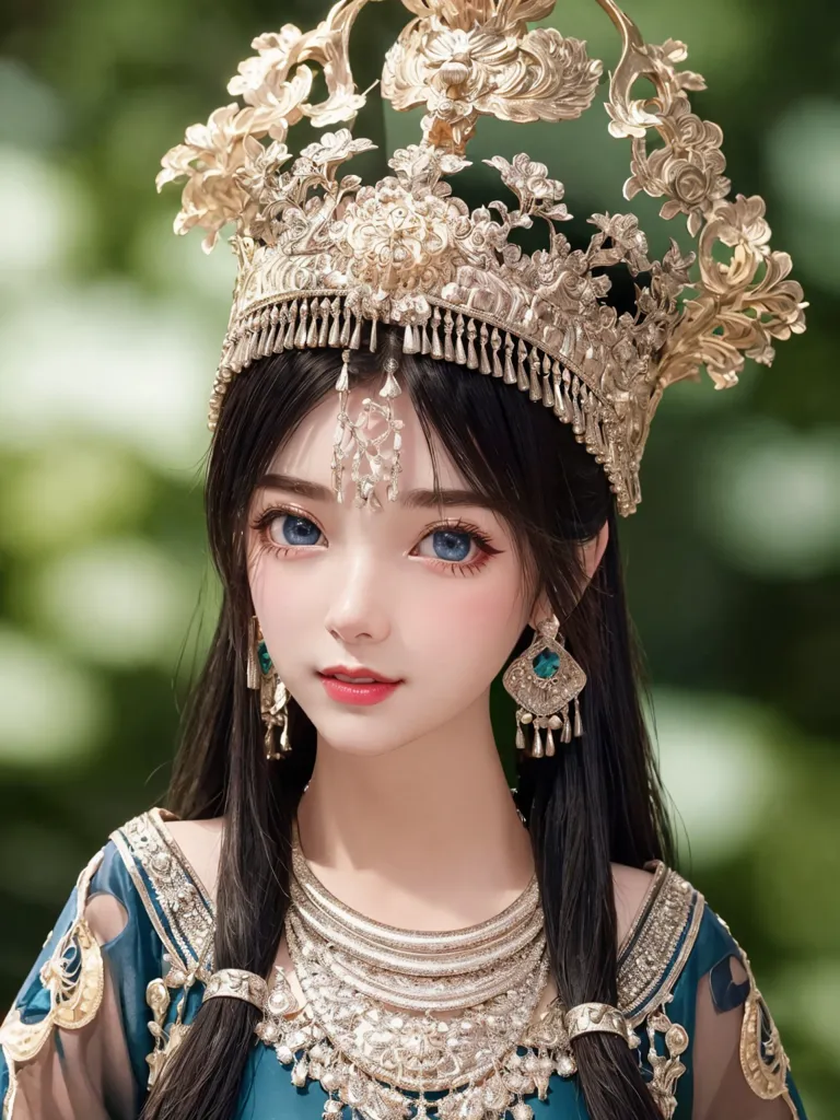 This image shows a young woman, with long black hair, fair skin, and blue eyes. She is wearing a golden headpiece with blue and green jewels, and a blue and gold dress with elaborate golden jewelry. She is standing in front of a slightly blurred background of foliage.