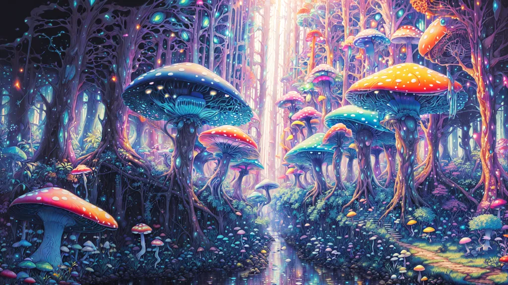 The image is a depiction of a forest with a path leading through the center. The trees in the forest are tall and have large mushrooms growing on them. The mushrooms are of various colors, including red, blue, green, and purple. The forest is also home to various other plants and animals, including flowers, ferns, and butterflies. The image is very colorful and has a dreamlike quality.